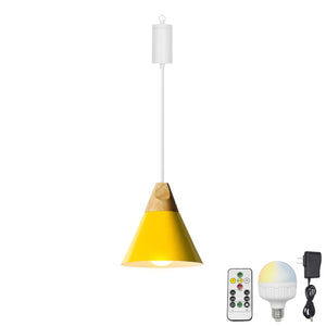 Rechargeable Battery Adjustable Cord Wooden Pendant Light Metal Shade Smart LED Bulbs with Remote