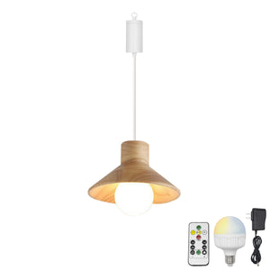 Rechargeable Battery Adjustable Cord Pendant Light Wooden Shade Smart LED Bulbs with Remote