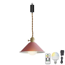 Load image into Gallery viewer, Rechargeable Battery Adjustable Cord Pendant Light Blue ,Yellow, Pink Metal Cone Shade Smart LED Bulbs with Remote