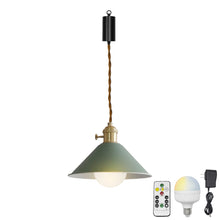 Load image into Gallery viewer, Rechargeable Battery Adjustable Cord Pendant Light Khaki, Green Metal Cone Shade Smart LED Bulbs with Remote