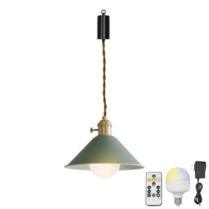 Rechargeable Battery Adjustable Cord Pendant Light Khaki, Green Metal Cone Shade Smart LED Bulbs with Remote